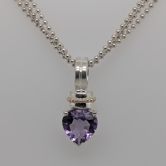 925 Silver Amethyst Pendant w/ 14K Yellow Gold Detailing & Silver Triple Chain - Picture 3 of 6